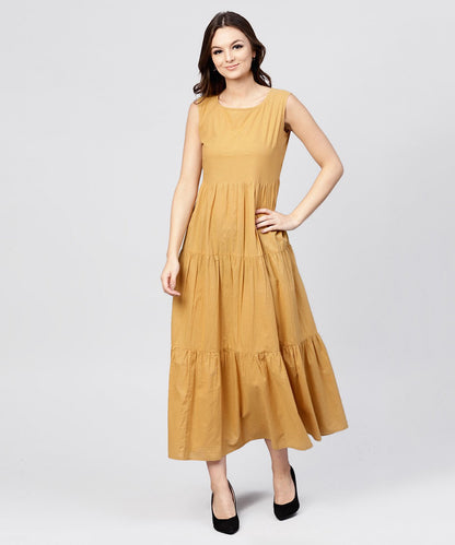 Women's Mustard Cotton Tiered Maxi Dress With Full Sleeves Short Jacket Emblished With Tassel