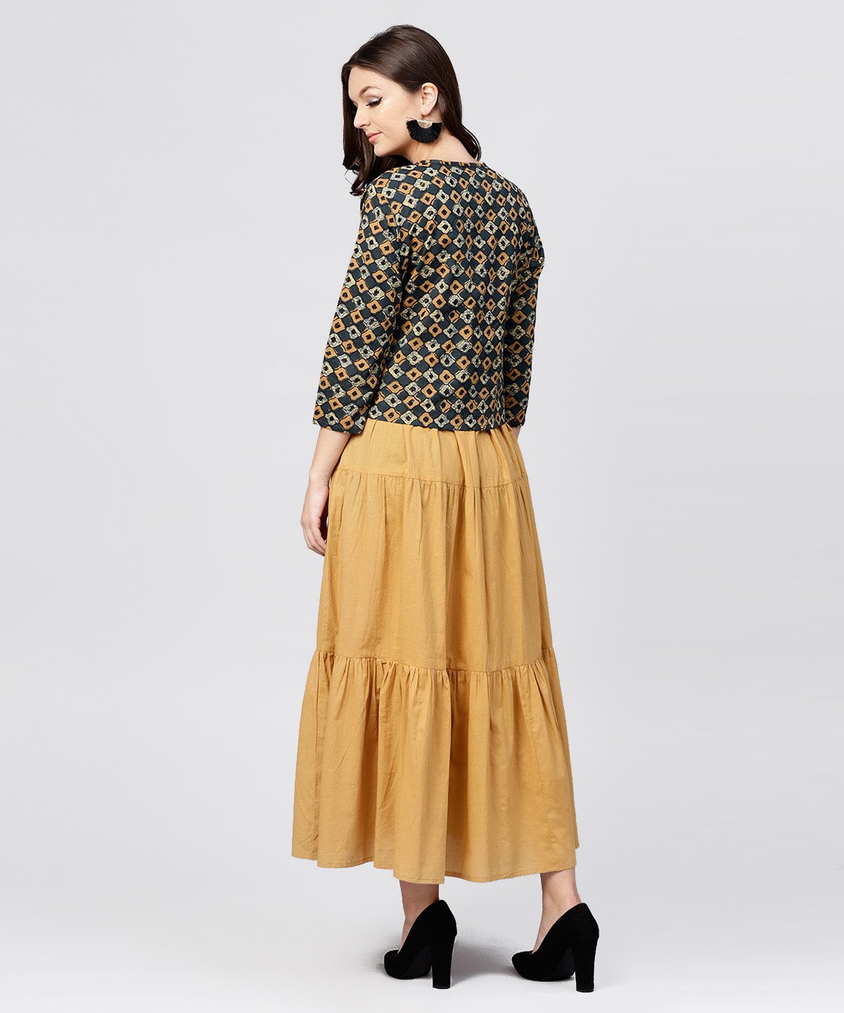Women's Mustard Cotton Tiered Maxi Dress With Full Sleeves Short Jacket Emblished With Tassel