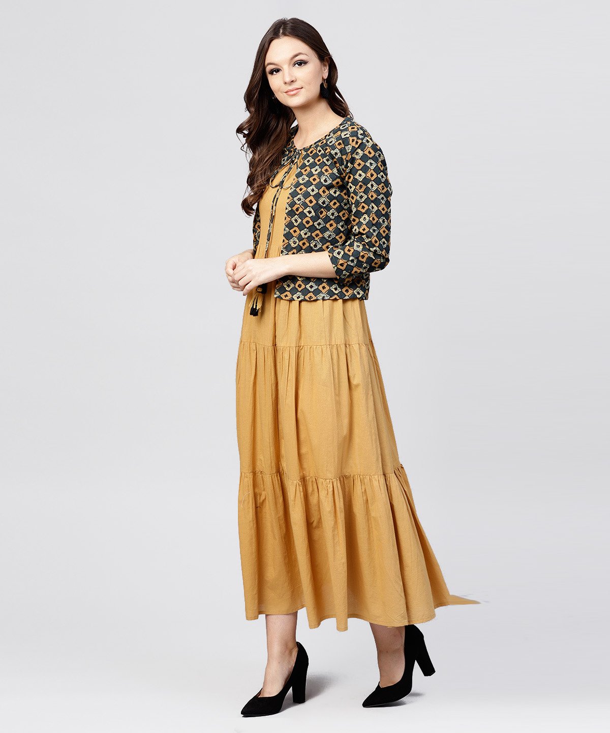 Women's Mustard Cotton Tiered Maxi Dress With Full Sleeves Short Jacket Emblished With Tassel