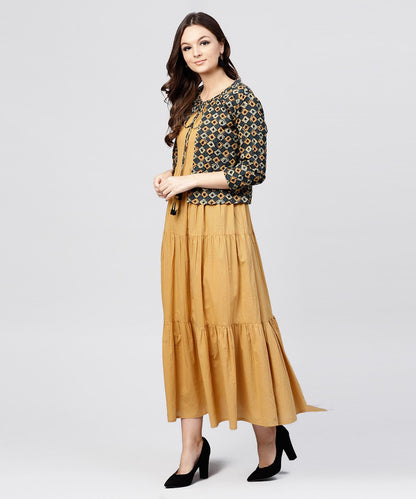 Women's Mustard Cotton Tiered Maxi Dress With Full Sleeves Short Jacket Emblished With Tassel