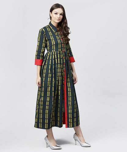 Women's Blue Cotton Printed 3/4 Sleeves Kurta With Shirt Collar And Front Placket