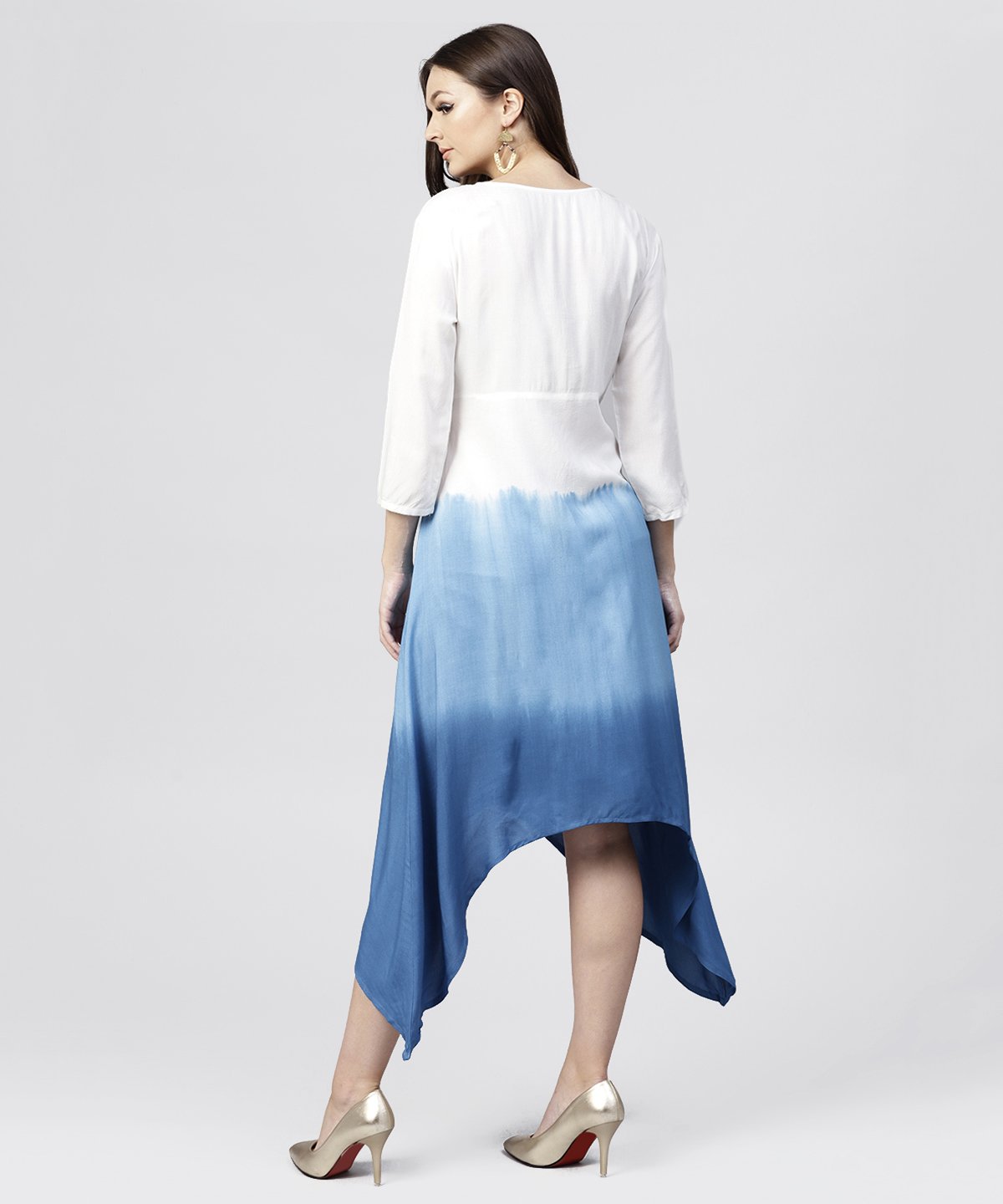 Women's White Rayon Asymmetric Maxi Dress Dyed Blue With 3/4 Sleeves