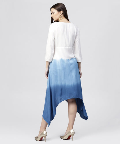 Women's White Rayon Asymmetric Maxi Dress Dyed Blue With 3/4 Sleeves