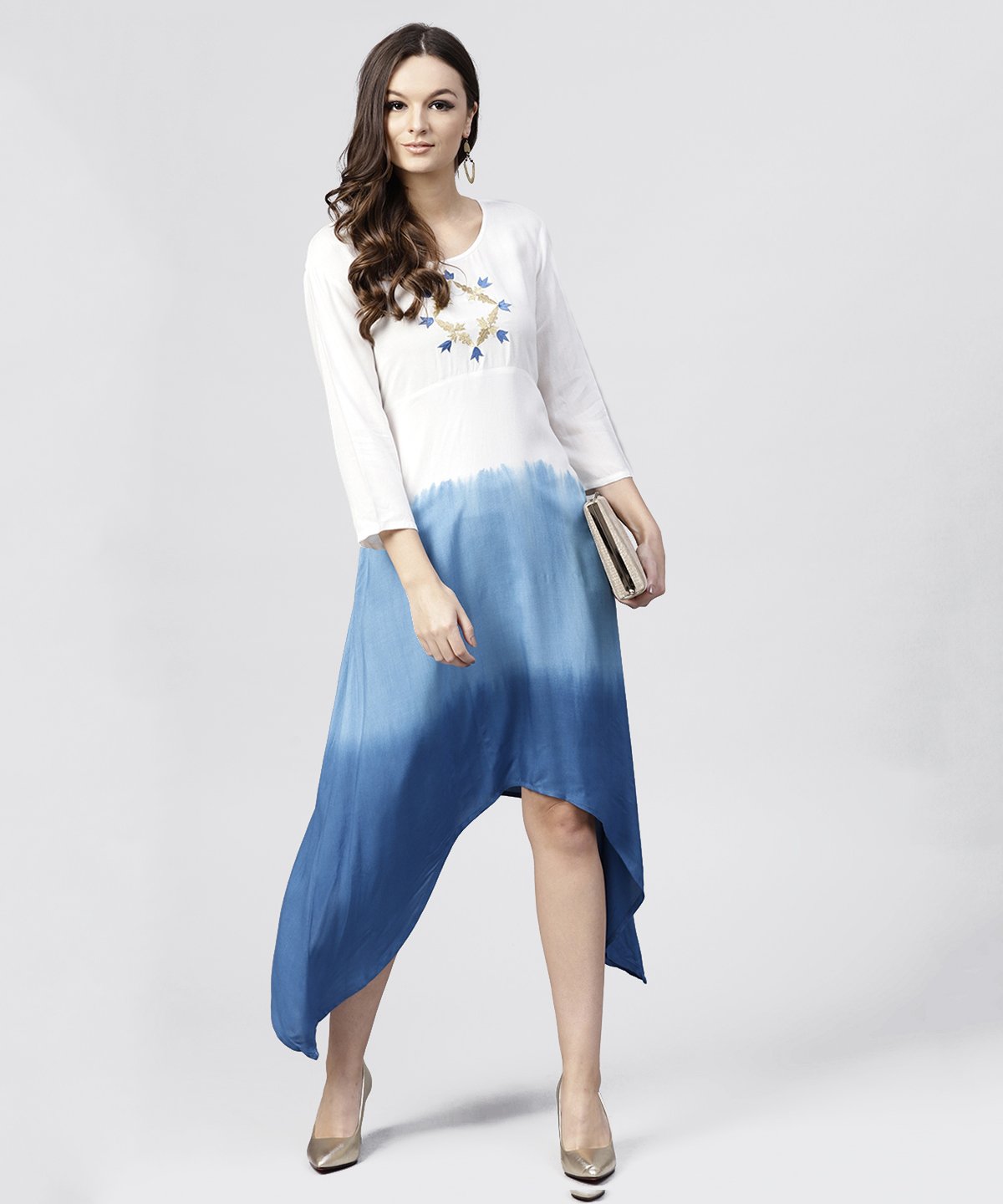 Women's White Rayon Asymmetric Maxi Dress Dyed Blue With 3/4 Sleeves