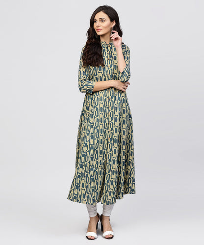 Women's Green Printed Panelled Cut A-Line Kurta With Madarin Collar And Front Placket