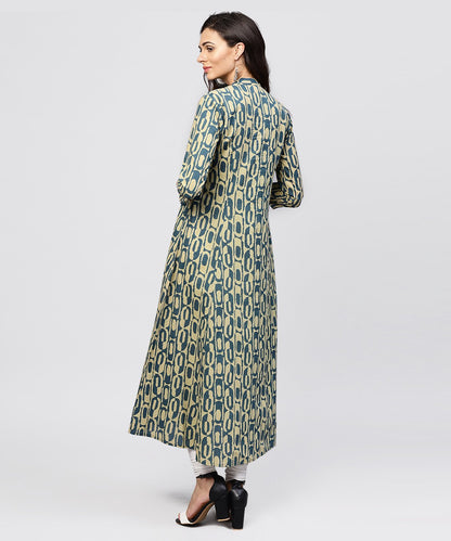 Women's Green Printed Panelled Cut A-Line Kurta With Madarin Collar And Front Placket