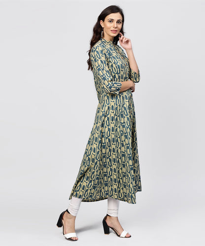 Women's Green Printed Panelled Cut A-Line Kurta With Madarin Collar And Front Placket