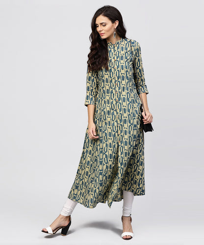 Women's Green Printed Panelled Cut A-Line Kurta With Madarin Collar And Front Placket