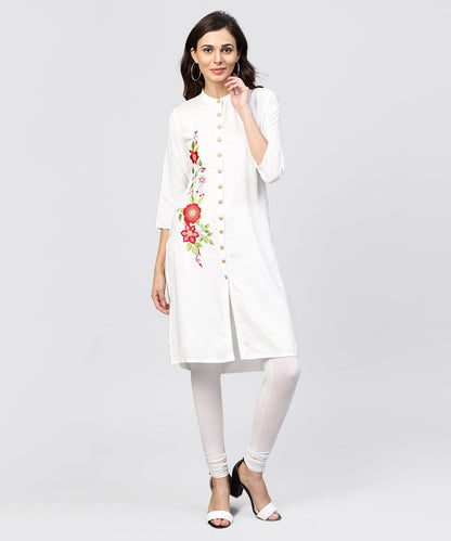 Women's Embroidered Off White Rayon Kurta With Madarin Collar