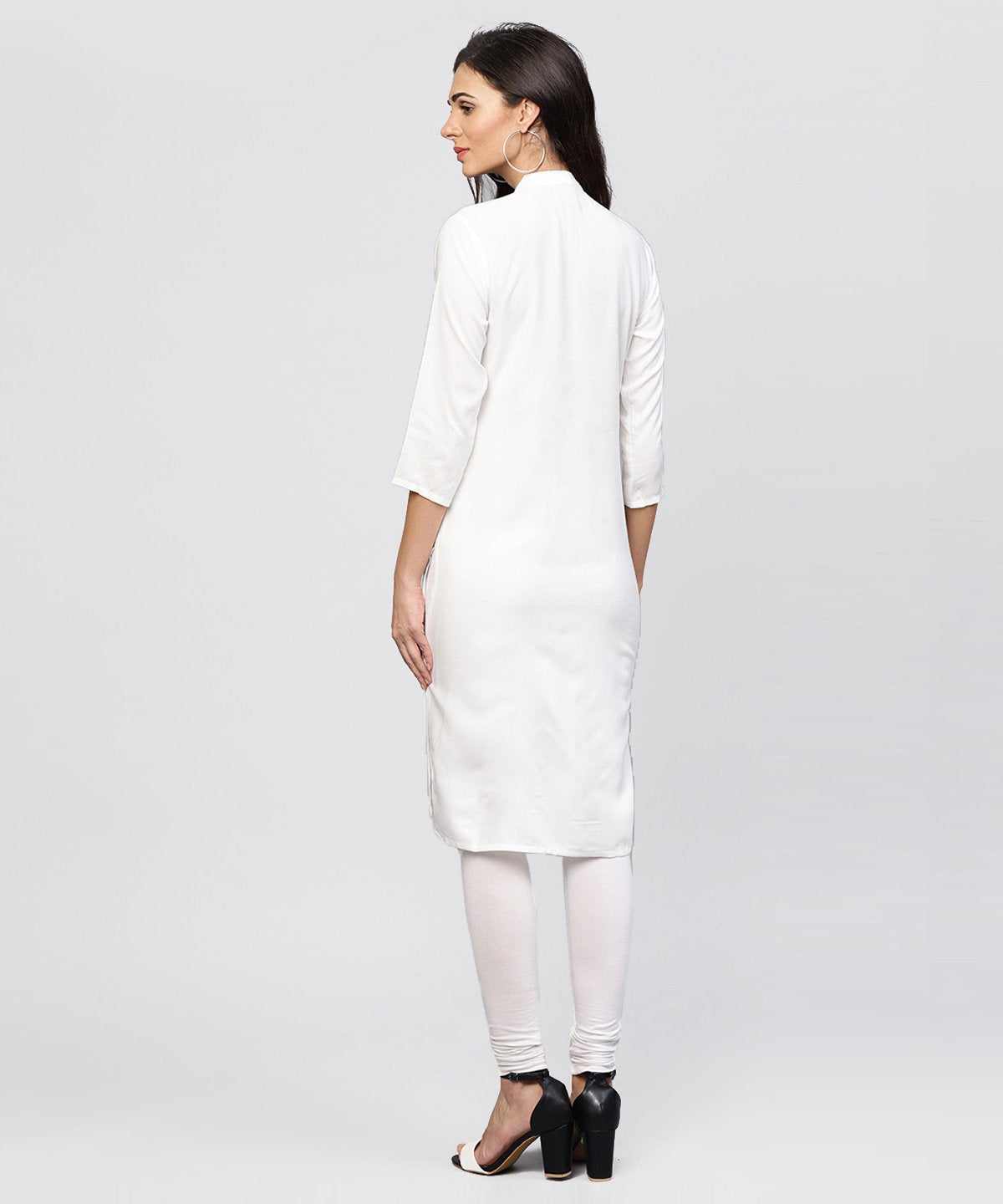 Women's Embroidered Off White Rayon Kurta With Madarin Collar