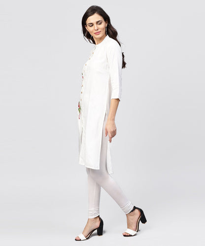 Women's Embroidered Off White Rayon Kurta With Madarin Collar
