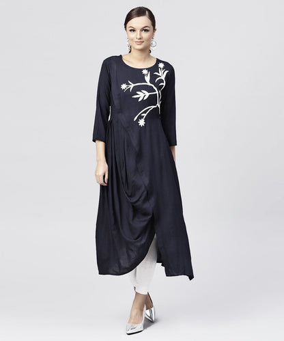 Women's Rayon Navy Blue Cowl Draped Kurta With 3/4 Sleeves