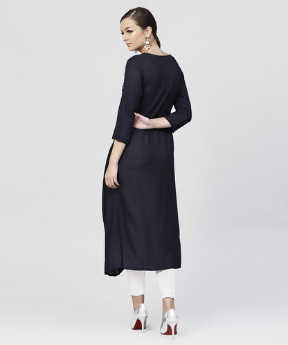 Women's Rayon Navy Blue Cowl Draped Kurta With 3/4 Sleeves