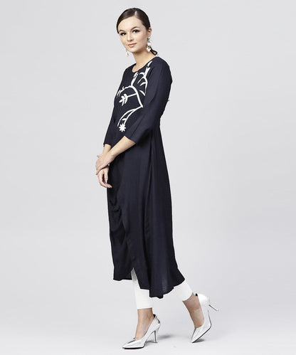 Women's Rayon Navy Blue Cowl Draped Kurta With 3/4 Sleeves