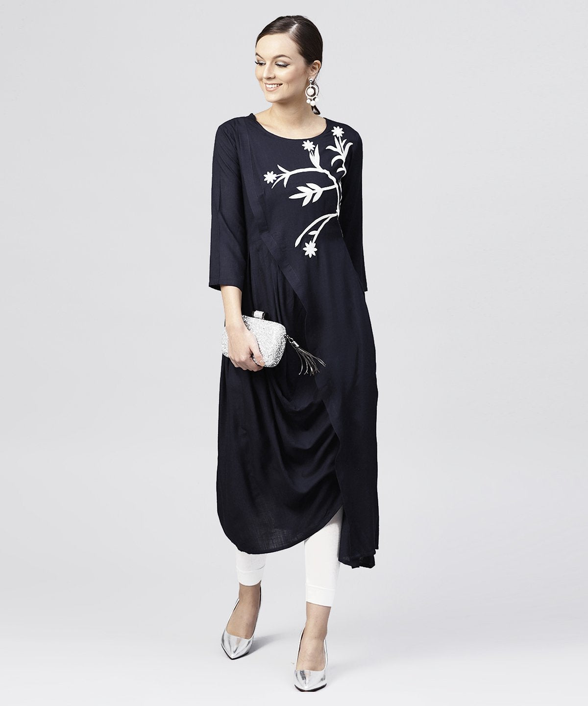Women's Rayon Navy Blue Cowl Draped Kurta With 3/4 Sleeves