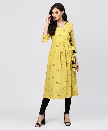 Women's Cotton Mustard Pleated Angrakha With V-Neck And Emblished With Tassel