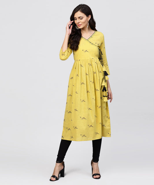 Women's Cotton Mustard Pleated Angrakha With V-Neck And Emblished With Tassel