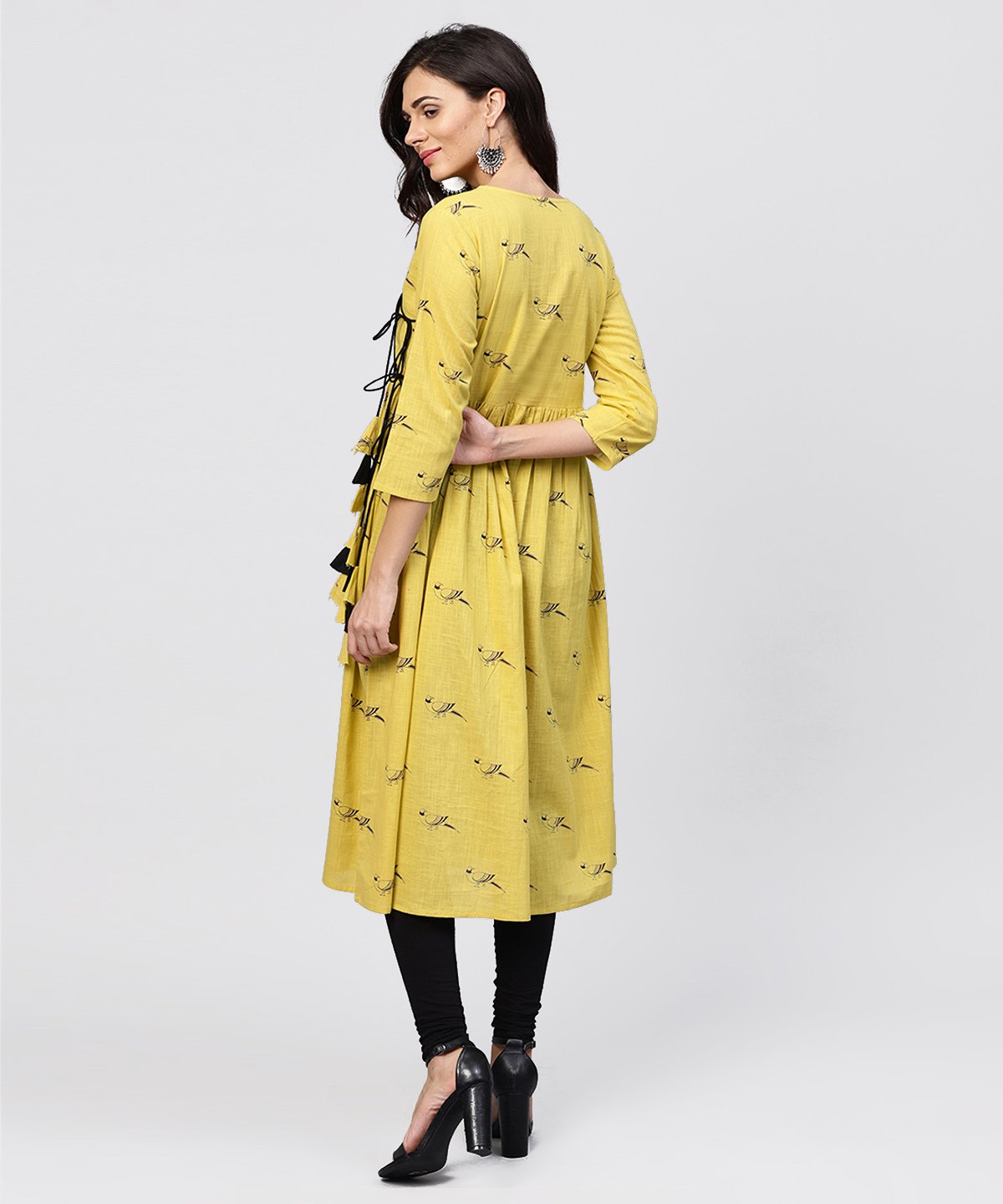 Women's Cotton Mustard Pleated Angrakha With V-Neck And Emblished With Tassel