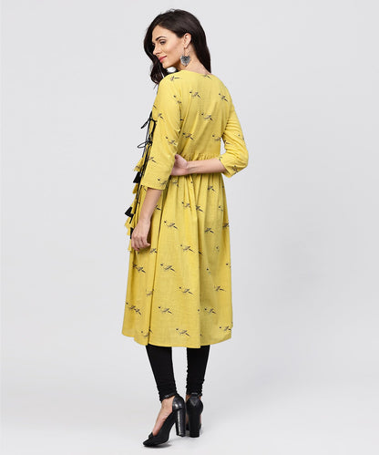 Women's Cotton Mustard Pleated Angrakha With V-Neck And Emblished With Tassel
