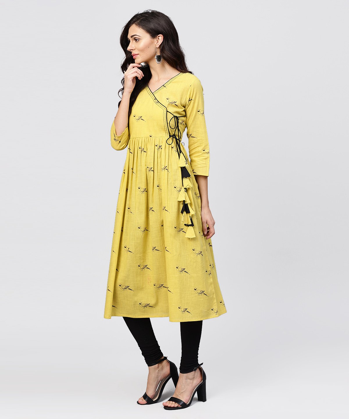 Women's Cotton Mustard Pleated Angrakha With V-Neck And Emblished With Tassel