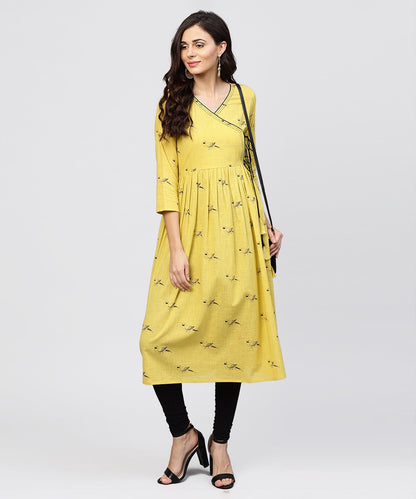 Women's Cotton Mustard Pleated Angrakha With V-Neck And Emblished With Tassel
