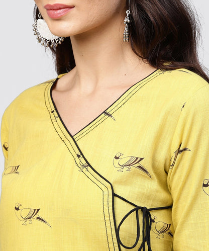 Women's Cotton Mustard Pleated Angrakha With V-Neck And Emblished With Tassel