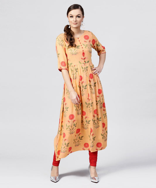 Women's Peach Rayon Calf Length Kurta With Round Neck Front Placket