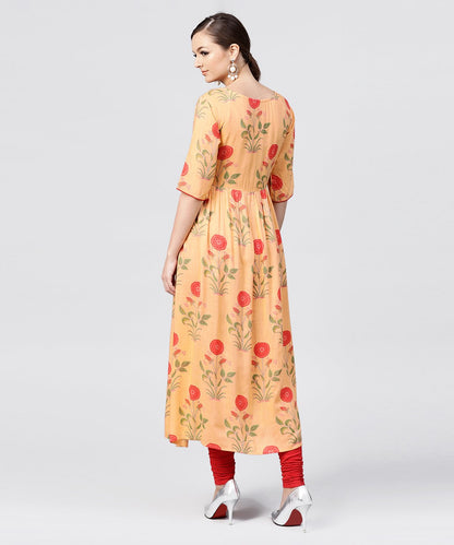 Women's Peach Rayon Calf Length Kurta With Round Neck Front Placket