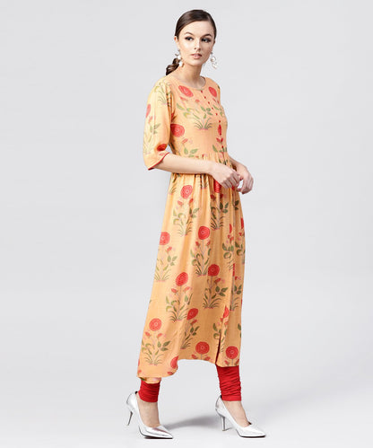 Women's Peach Rayon Calf Length Kurta With Round Neck Front Placket