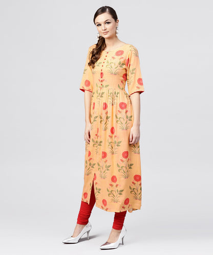 Women's Peach Rayon Calf Length Kurta With Round Neck Front Placket