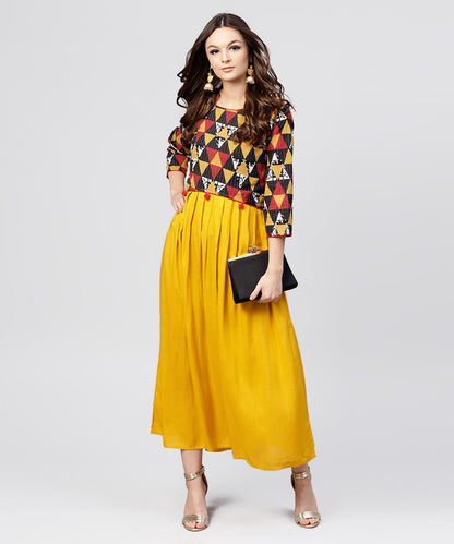 Women's Bright Yellow Rayon A-Line Box Pleated Maxi With Attached Jacket Till Yoke And Emblished With Tassels