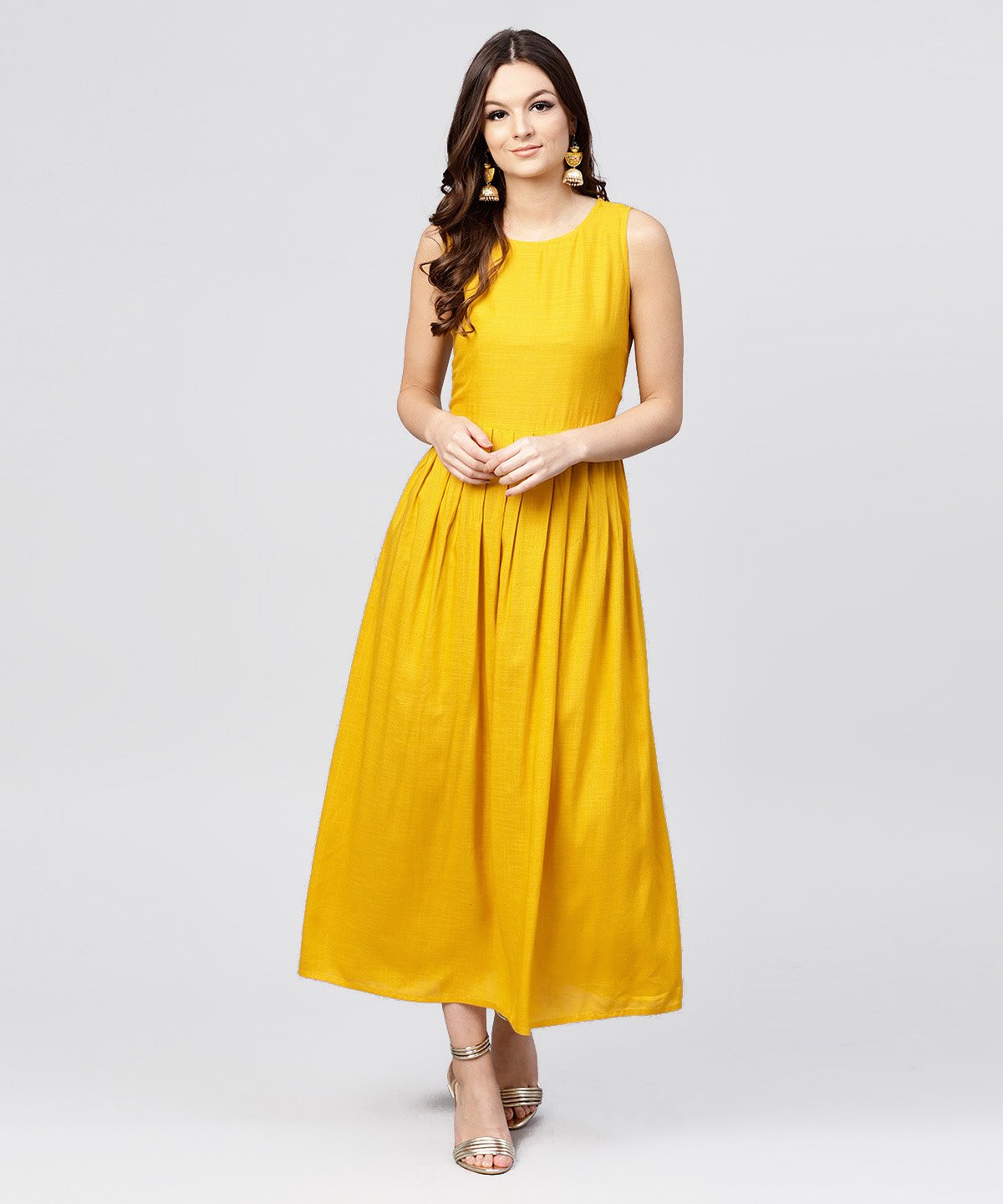 Women's Bright Yellow Rayon A-Line Box Pleated Maxi With Attached Jacket Till Yoke And Emblished With Tassels