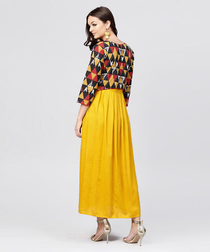 Women's Bright Yellow Rayon A-Line Box Pleated Maxi With Attached Jacket Till Yoke And Emblished With Tassels
