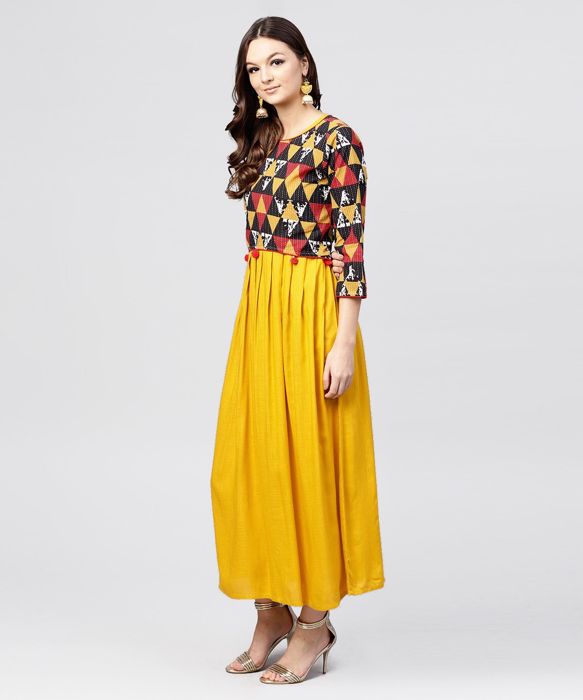 Women's Bright Yellow Rayon A-Line Box Pleated Maxi With Attached Jacket Till Yoke And Emblished With Tassels