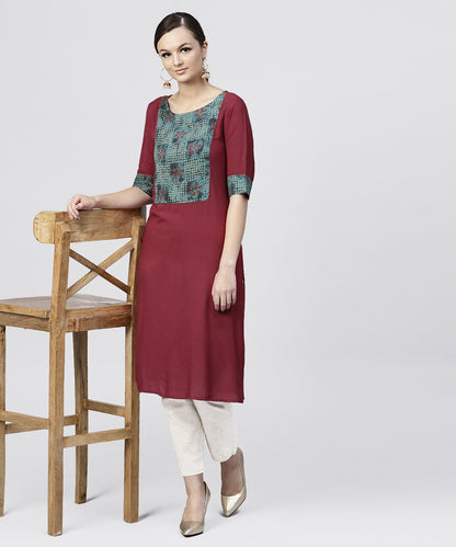 Women's Red Kurta With Half Sleeves And Front Yoke