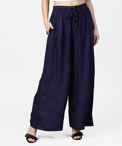 Women's Navy Blue Ankle Length Flared Palazzo