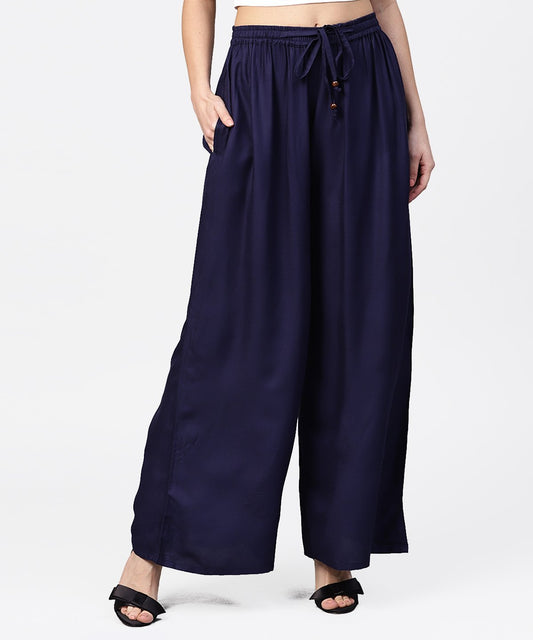 Women's Navy Blue Ankle Length Flared Palazzo