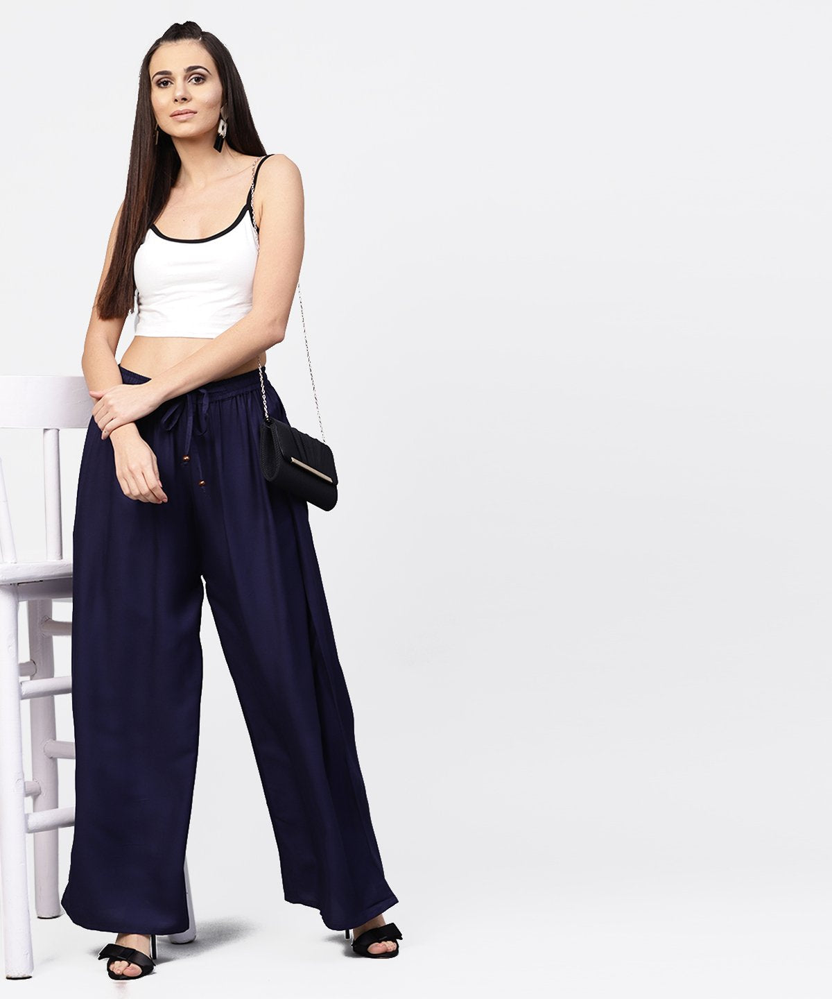 Women's Navy Blue Ankle Length Flared Palazzo