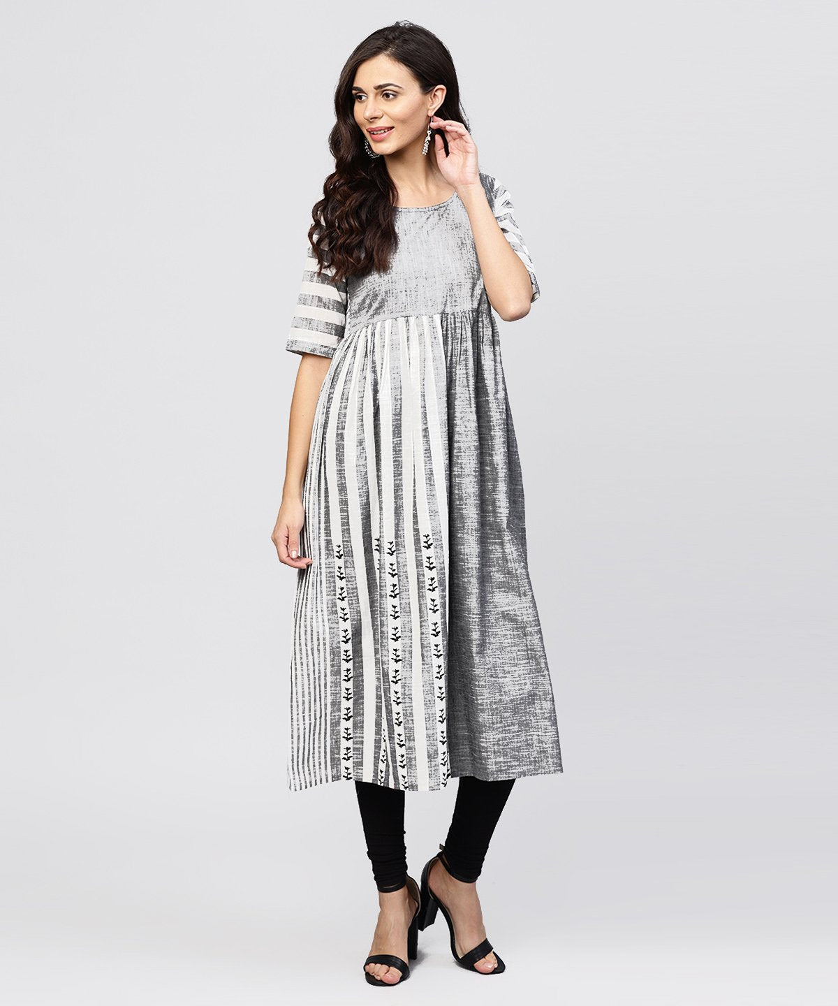 Women's Grey And White Stripes Handloom Calf Length Kurta With Round Neck And Half Sleeves