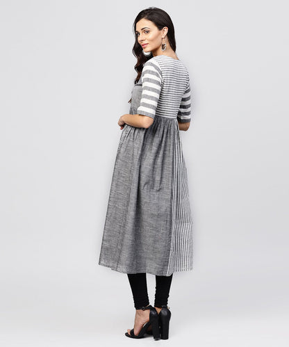 Women's Grey And White Stripes Handloom Calf Length Kurta With Round Neck And Half Sleeves