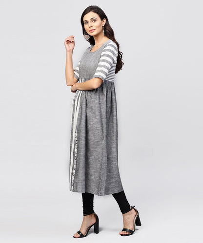 Women's Grey And White Stripes Handloom Calf Length Kurta With Round Neck And Half Sleeves