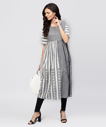 Women's Grey And White Stripes Handloom Calf Length Kurta With Round Neck And Half Sleeves