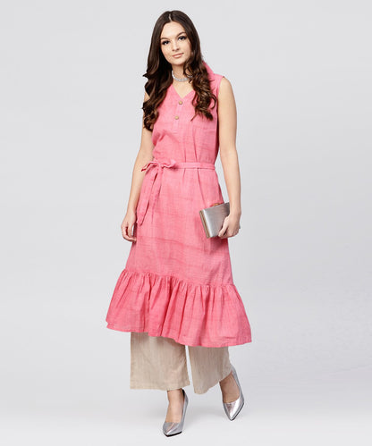 Women's Pink Cotton Tiered Dress With Shirt Collar And Front Packet