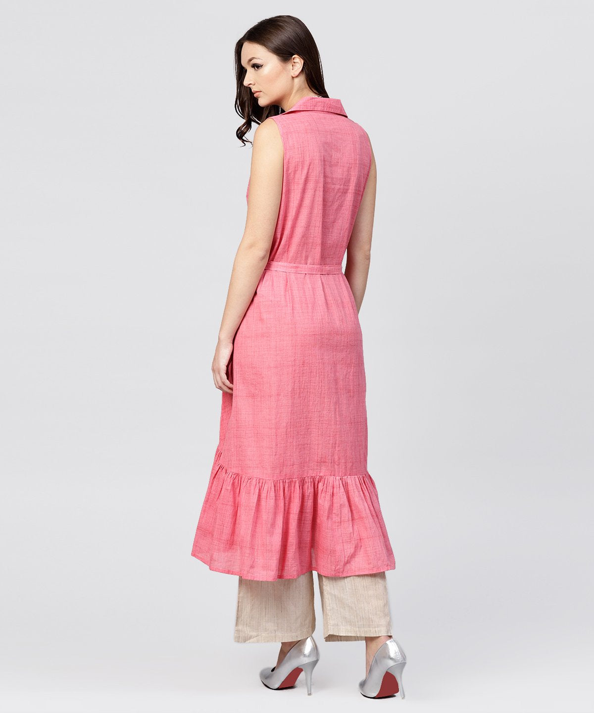 Women's Pink Cotton Tiered Dress With Shirt Collar And Front Packet