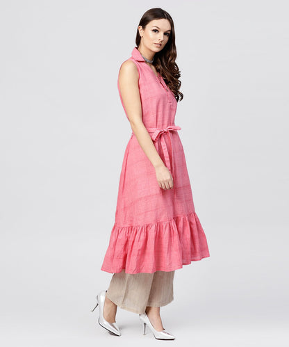 Women's Pink Cotton Tiered Dress With Shirt Collar And Front Packet