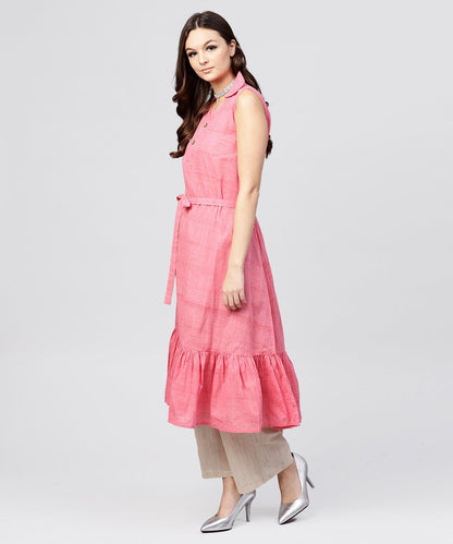 Women's Pink Cotton Tiered Dress With Shirt Collar And Front Packet