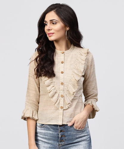 Women's Ruffled Yoke With Open Center Placket Top With Pleated Sleeves And Madarin Collar