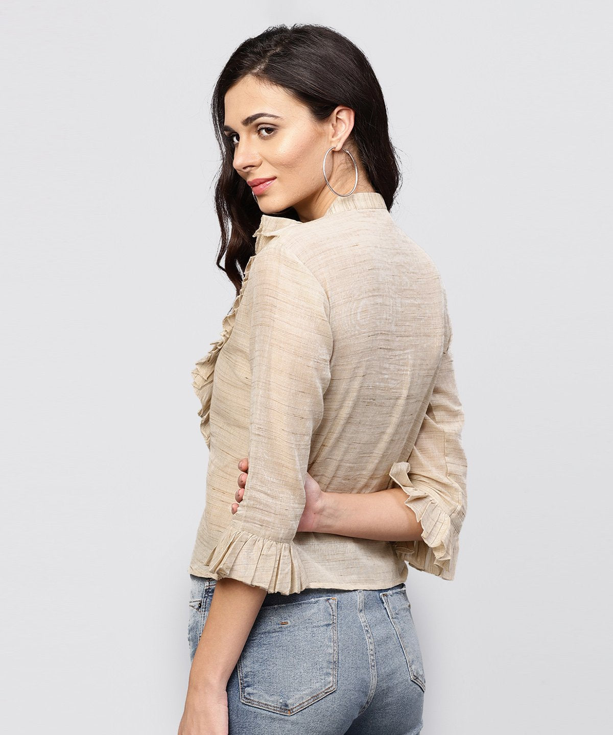 Women's Ruffled Yoke With Open Center Placket Top With Pleated Sleeves And Madarin Collar