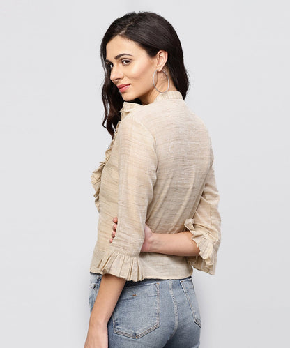 Women's Ruffled Yoke With Open Center Placket Top With Pleated Sleeves And Madarin Collar
