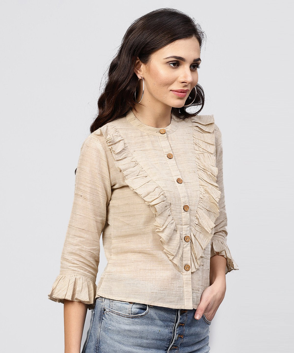 Women's Ruffled Yoke With Open Center Placket Top With Pleated Sleeves And Madarin Collar